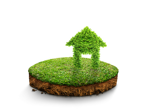 Green bush symbol in the shape of a house on round soil ground cross section with earth land and green grass, ground ecology on white background. real estate sale, property investment concept. 3D.