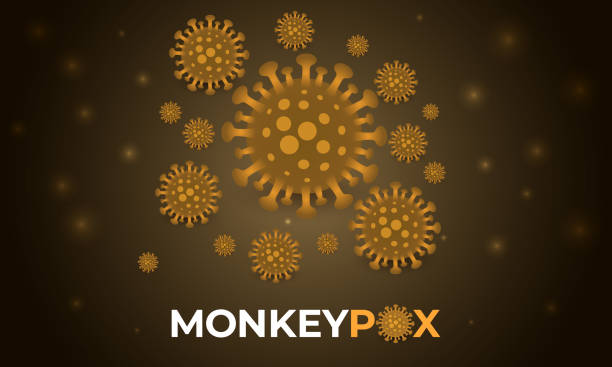 Monkeypox virus cells outbreak dark medical banner. Monkeypox virus cells outbreak dark medical banner. Monkeypox virus cells on dark brown sciense background. Monkey pox microbiological vector background. View of smallpox under a microscope. mpox stock illustrations