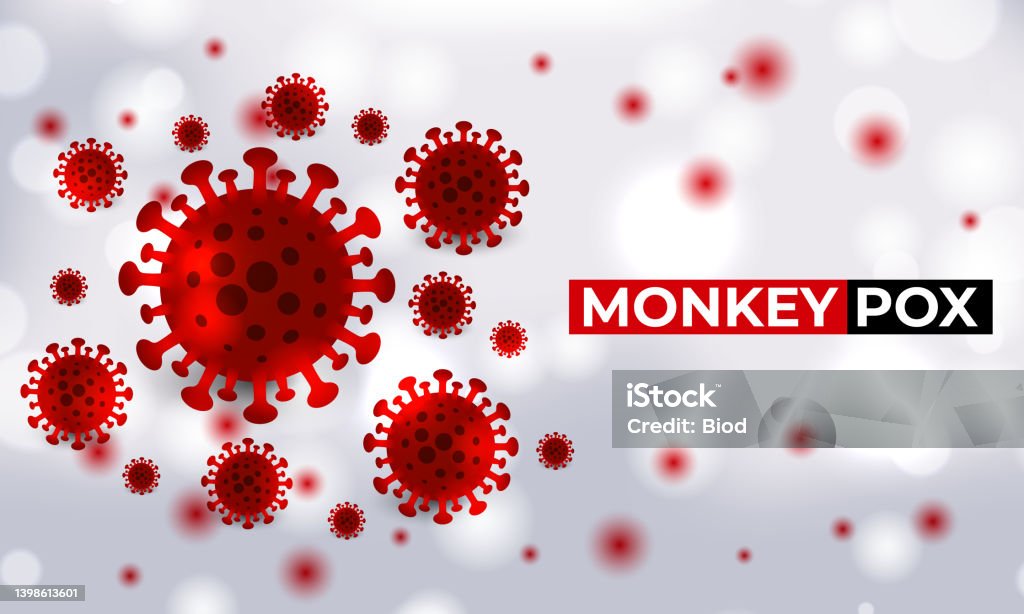 Monkeypox virus cells outbreak medical banner. Monkeypox virus cells outbreak medical banner. Monkeypox virus cells on white sciense background. Monkey pox microbiological vector background. Mpox stock vector