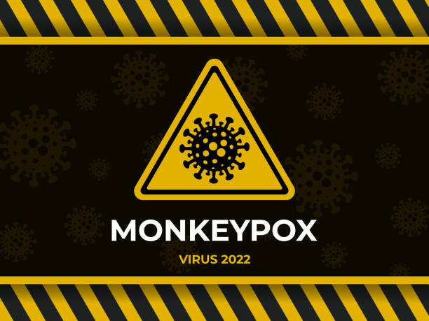 Monkeypox virus outbreak warning banner. Monkeypox virus cell icon in yellow warning triangle on black background. Monkeypox virus outbreak medical banner. Vector monkey pox cell. mpox stock illustrations