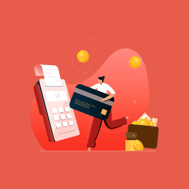 ilustrações de stock, clip art, desenhos animados e ícones de person paying bill with credit card at pos terminal and get cash back and rewards - cash register coin cash box checkout counter