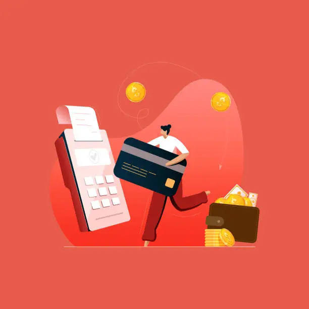 Vector illustration of Person Paying bill with Credit Card at POS terminal and get cash back and Rewards