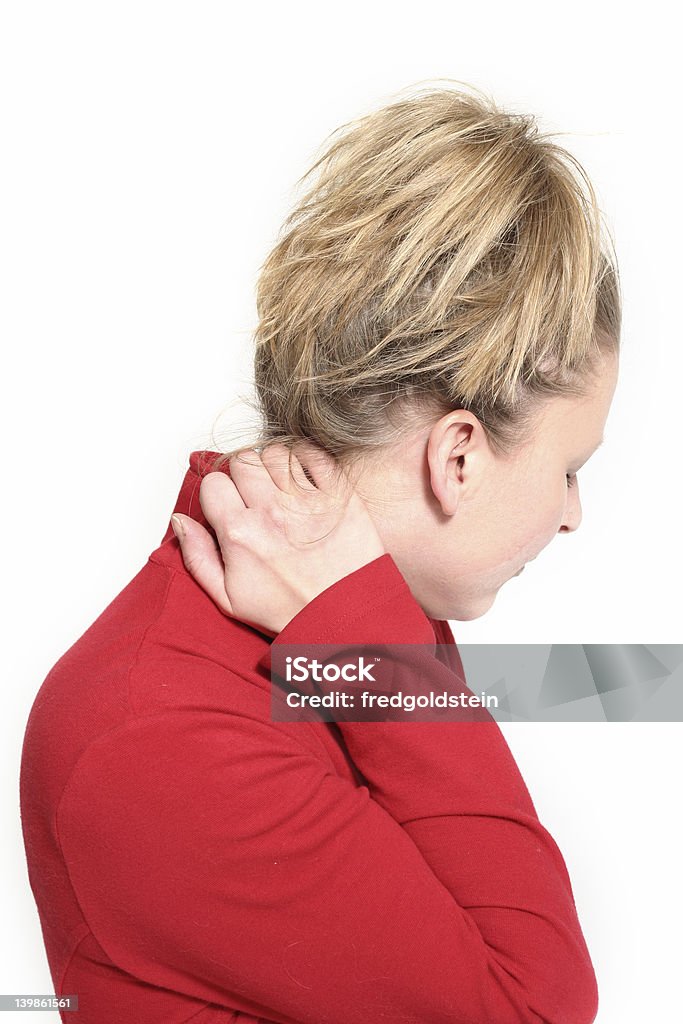 Женщина с боли в шее - Стоковые фото Белый фон роялти-фри