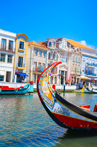 Close-up Traditional Colorful Moliceiro boat on the canal in Aveiro, Portugal