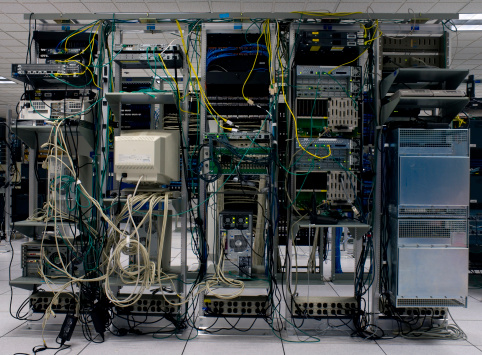 Back of a server rack in data center