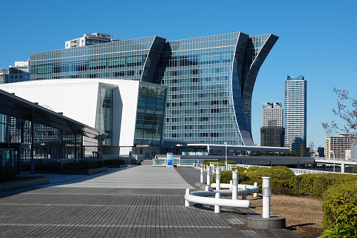 The futuristic Xiqu Centre by night, which houses a Grand Theatre, a Tea House Theatre, eight professional studios and a seminar hall. West Kowloon, Hong Kong.