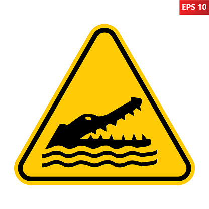 Crocodiles, alligators, caimans warning sign. Vector illustration of yellow triangle sign with reptile head with open jaws. Caution wild dangerous animals. Danger zone. Risk of attack.