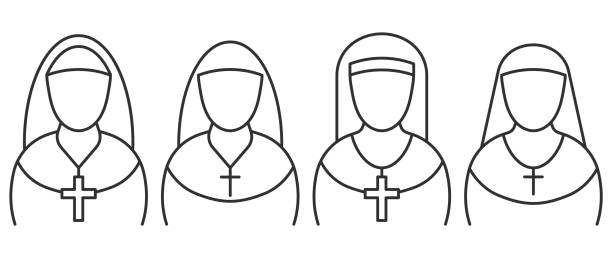 ilustraciones, imágenes clip art, dibujos animados e iconos de stock de icono de línea simple de nun. señal de la hermana de la misericordia. ilustración vectorial. - nun praying clergy women