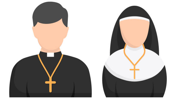 ilustraciones, imágenes clip art, dibujos animados e iconos de stock de sacerdote católico y monja icono plano. ilustración vectorial. - nun praying clergy women