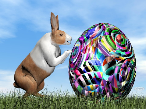 Rabbit pushing one colorful egg for Easter by day - 3D render