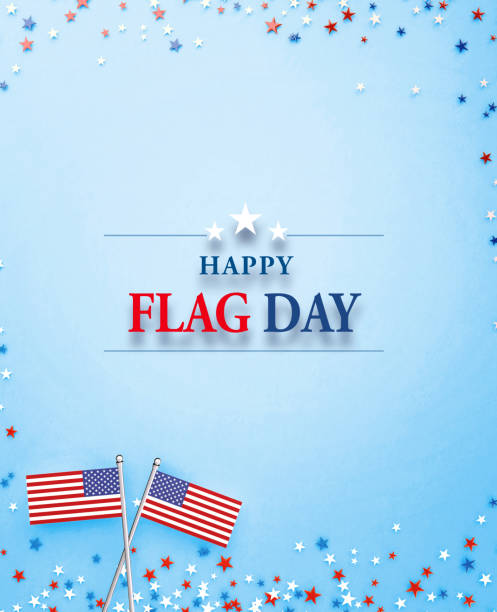 istock Happy Flag Day Message Surrounded By Star Shaped Confetti And Tiny American Flag Pair On Blue Background 1398619628
