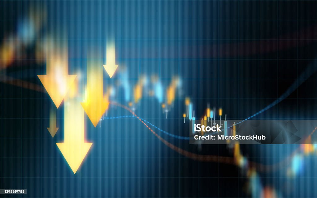 Investment And Finance Concept - Yellow Down Arrows Over Blue Financial Graph Background Down arrows over blue financial graph background. Horizontal composition with selective focus and copy space. Investment, stock market data and finance concept. Moving Down Stock Photo