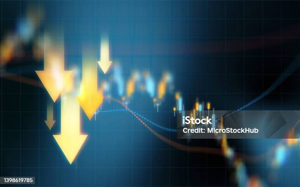 Investment And Finance Concept Yellow Down Arrows Over Blue Financial Graph Background Stock Photo - Download Image Now