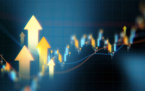 concetto di investimento e finanza - frecce gialle su sullo sfondo del grafico finanziario blu - ritorno sugli investimenti foto e immagini stock