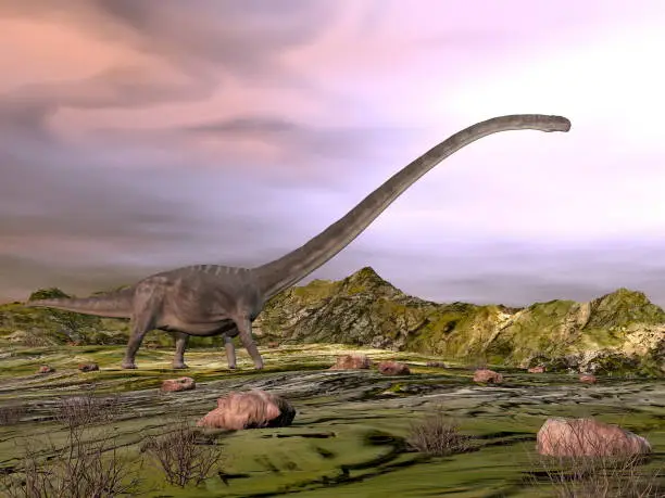 Photo of Omeisaurus walking in the desert - 3D render
