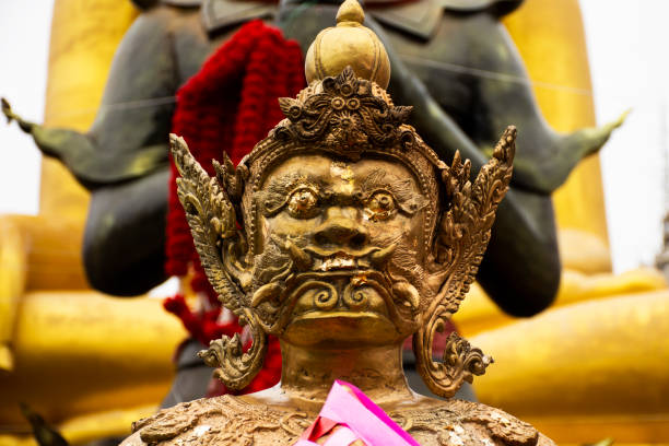 King Thao Wessuwan or Vasavana Kuvera giant statue for thai people visit respect praying blessing holy mystery at Wat Pracha Rat Bamrung or Rang Man temple at Kamphaeng Saen in Nakhon Pathom, Thailand