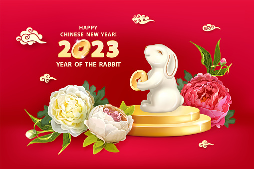 Rabbit is a symbol of the 2023 Chinese New Year. Horizontal banner with cute rabbits, realistic gold ingots Yuan Bao, coins and sakura flowers on red background. The wish of wealth, monetary luck