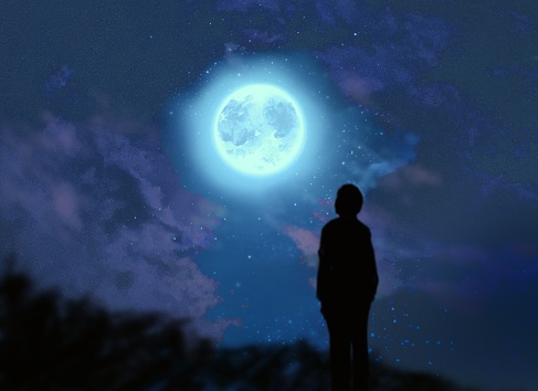 Silhouette Clip art of a man gazing at a suspiciously shining full moon.