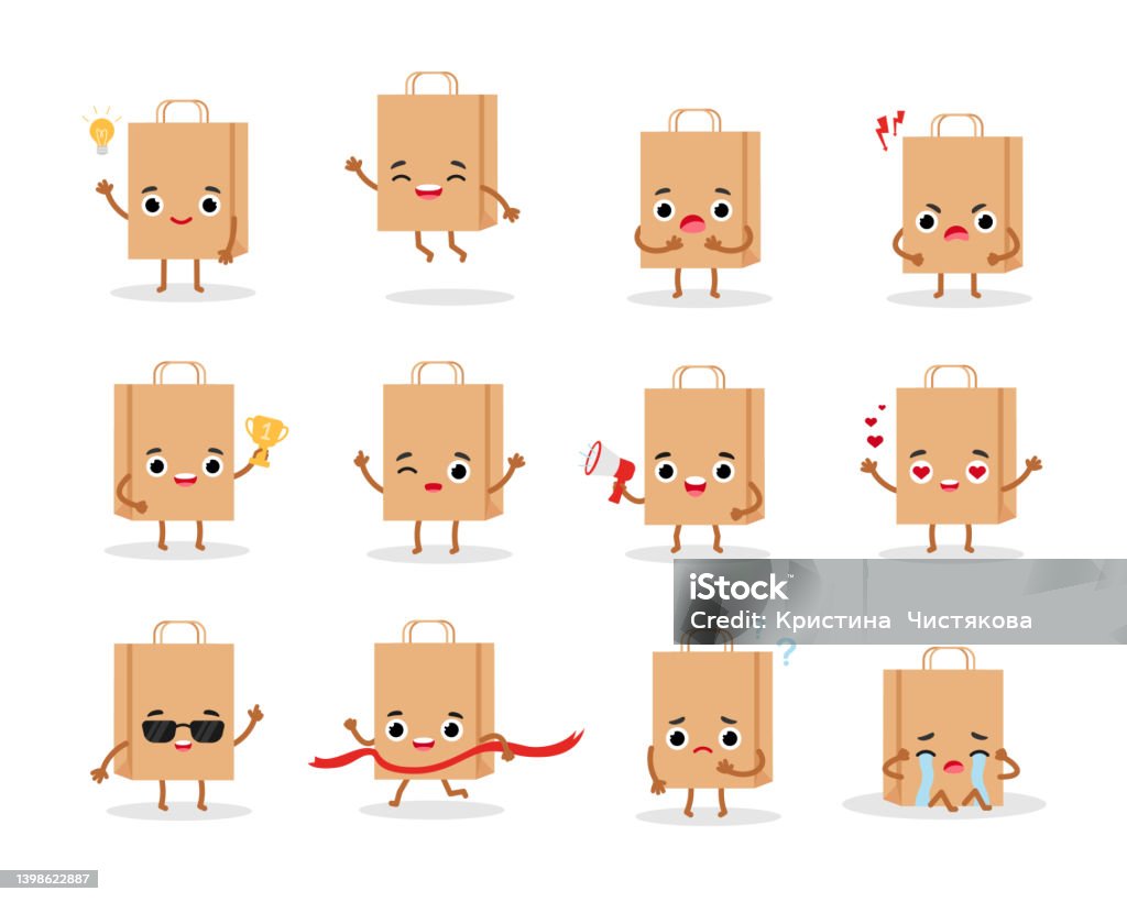 Set of paper shopping bag emotions character. Emoji Icons vector illustration. - Royalty-free Saco - Objeto manufaturado arte vetorial