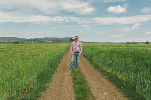 Farmer at green abundant field of growing wheat in springtime
