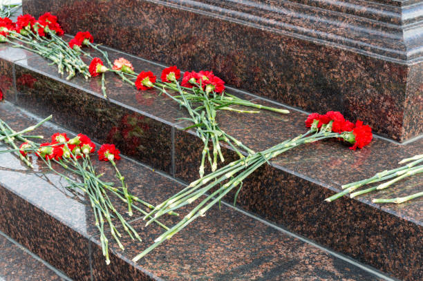 istock carnations on the granite pedestal of the monument 1398623309