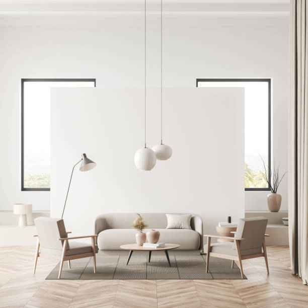 istock Light relax interior with couch and armchair, coffee table and window 1398624207