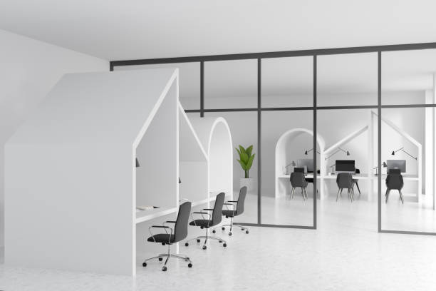 istock Business workspace interior with pc computer on table, glass doors 1398624342