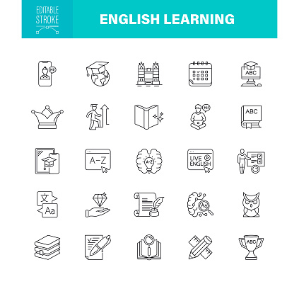 Learning English Icon Set. Editable stroke. Set contains such icons as Dictionary, Online translator, Language. Linguistic