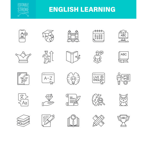 English Learning Icons Editable Stroke. Pixel Perfect. For Mobile and Web. Contains such icons as English Culture, Translation, Language, Education Learning English Icon Set. Editable stroke. Set contains such icons as Dictionary, Online translator, Language. Linguistic english culture stock illustrations