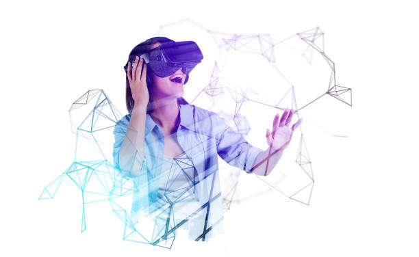 istock Young woman wearing vr glasses. Virtual world, network connectio 1398625330
