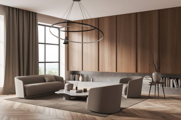istock Light relax room interior with couch, chair and coffee table, panoramic window 1398625502
