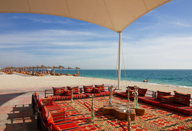 istock Abu Dhabi, UAE - March 12, 2019: Beach on Sir Bani Yas island.  Abu Dhabi Emirate. Hookah cafe 1398627283