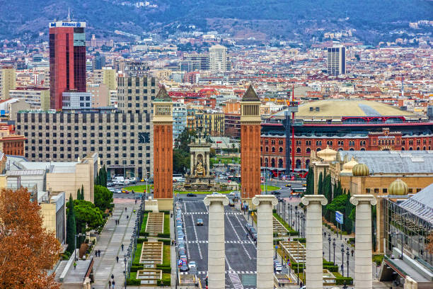 BARCELONA, SPAIN - JAN 4, 2022: Barcelona city panoramic view, Spain. Placa De Espanya