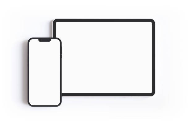 Black smartphone and digital tablet with blank screen isolated on white background