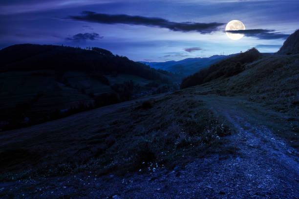 夜の山岳地帯の風景 - footpath wood horizon nature ストックフォトと画像