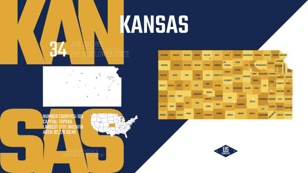 미국 50개 주 중 34개 주, 영토 별명을 가진 카운티로 나뉘어짐, 유니온에 가입한 이름과 날짜가 포함된 상세한 벡터 캔자스 지도, 여행 포스터 및 엽서 - kansas topeka state capital stock illustrations