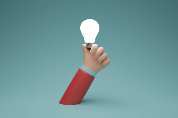 lâmpada na mão empresário de fundo isolado. inspiração, descoberta, obter ideias, ideia e conceito de insight.. ilustração de renderização 3d - alternative energy data fuel and power generation light bulb - fotografias e filmes do acervo