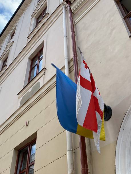 istock Ukrainian and Georgian flag together 1398628992
