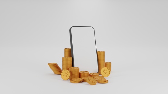 3D render coin Stacking around Mobile phone blank white screen transaction concept.Mobile banking, financial payment Smartphone.Isolate Background.