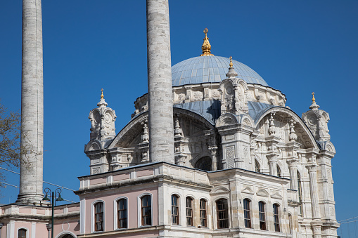 Detail view of the dome of the historical Ortaköy (Mecidiye) mosque.Istanbul,Turkey.27 April 2022