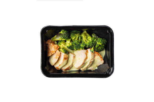 Healthy meal, container with chicken breast and broccoli. A set of food for keto diet in a plastic container isolated on white. Top view stock photo