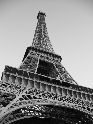 the eiffel tower in paris, black white, worm's-eye view