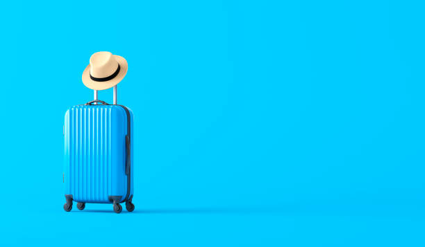Ready to go, travel concept Suitcase and hat on a blue background. 3d illustration suitcase stock pictures, royalty-free photos & images
