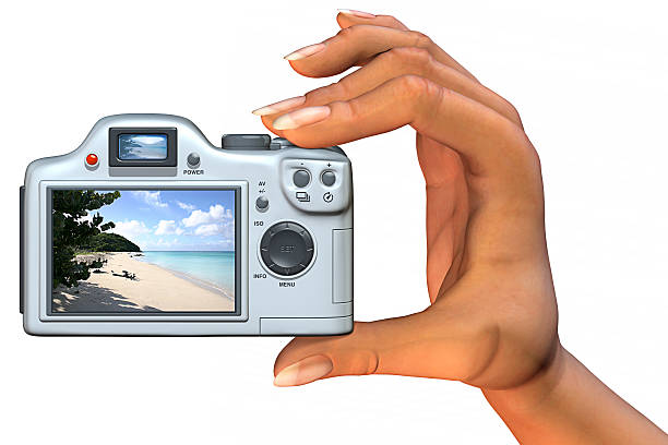 カメラを手に - isolated polaroid ストックフォトと画像
