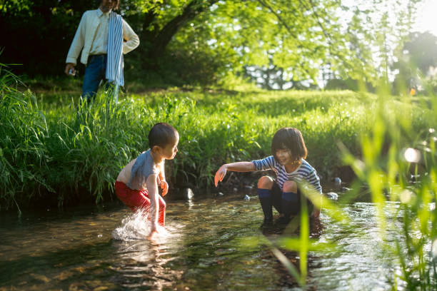 A brother and his sister are playing and having fun in a river in nature.