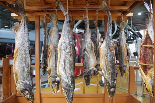 Noboribetsu, Japan - May 2, 2022: There are dried salmons.Noboribetsu Bear Park in Hokkaido, Japan. Here, the salmon are attached to the lift and dried.