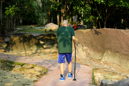An Asian senior man is breeze walking at nature reserve park.