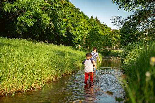 A brother and his sister are playing and having fun in a river in nature.