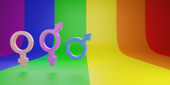 Male, female and transgender symbols on rainbow background with copy space. 3d illustration.