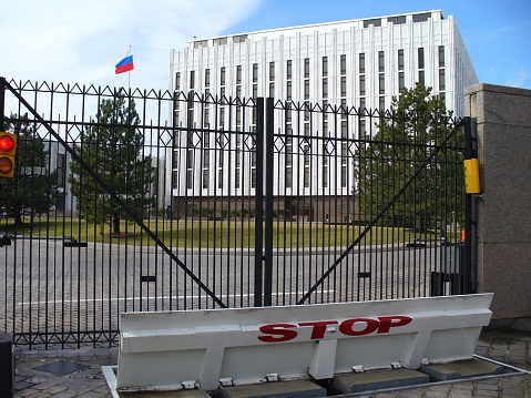 Photo of the Russian Embassy in Washington D.C.  This embassy occupies a prominent place overlooking the city along Wisconsin Avenue.